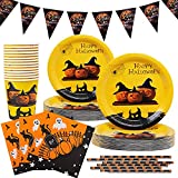Remolque de vajilla de Halloween, calabaza de cartón, guirnalda de esqueleto, platos de Halloween, vasos, pajitas y servilletas para comida de pastel de BonBon, 20 invitados